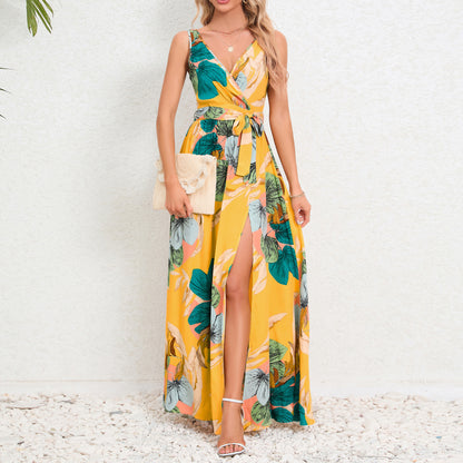 V-Neck Floral Print Maxi Dress - Sleeveless Summer Dress with Waist Tie and Slit