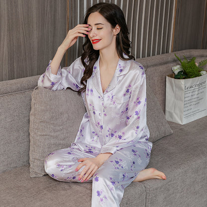 Women's Luxe Mulberry Silk Two-Piece Pajama Set - Long Sleeve Top with V-Neck and Full-Length Pants