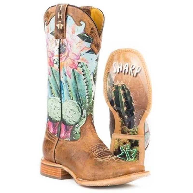 Women's Flower Print Patchwork Western Boots - Retro Slip-On Ankle Boots