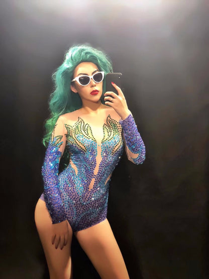 Blue Rhinestone Performance Bodysuit - Long Sleeve High-Cut Jumpsuit
