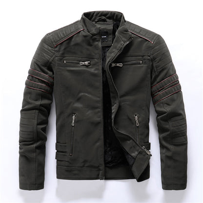 Men's Vintage PU Leather Jacket - Stand Collar Fleece Lined