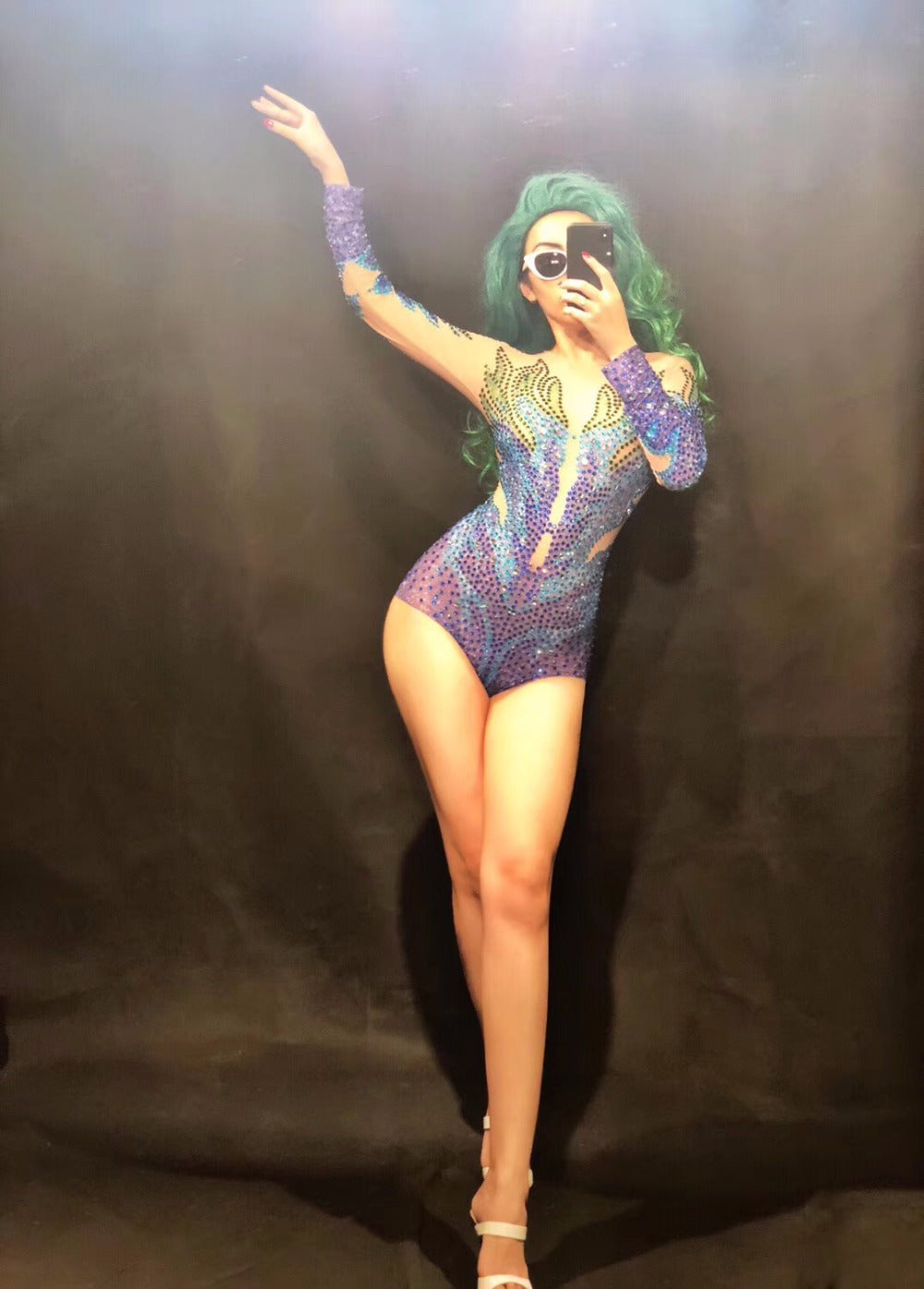 Blue Rhinestone Performance Bodysuit - Long Sleeve High-Cut Jumpsuit