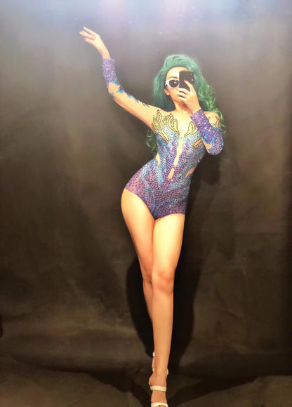 Blue Rhinestone Performance Bodysuit - Long Sleeve High-Cut Jumpsuit