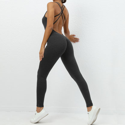 Women's Yoga Jumpsuit with Cross-Strap Back Design - Quick-Drying Tight-Fitting Seamless Leggings