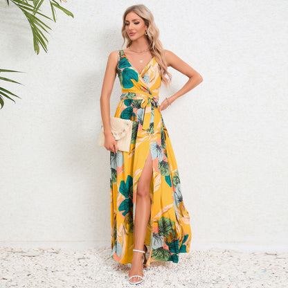 V-Neck Floral Print Maxi Dress - Sleeveless Summer Dress with Waist Tie and Slit