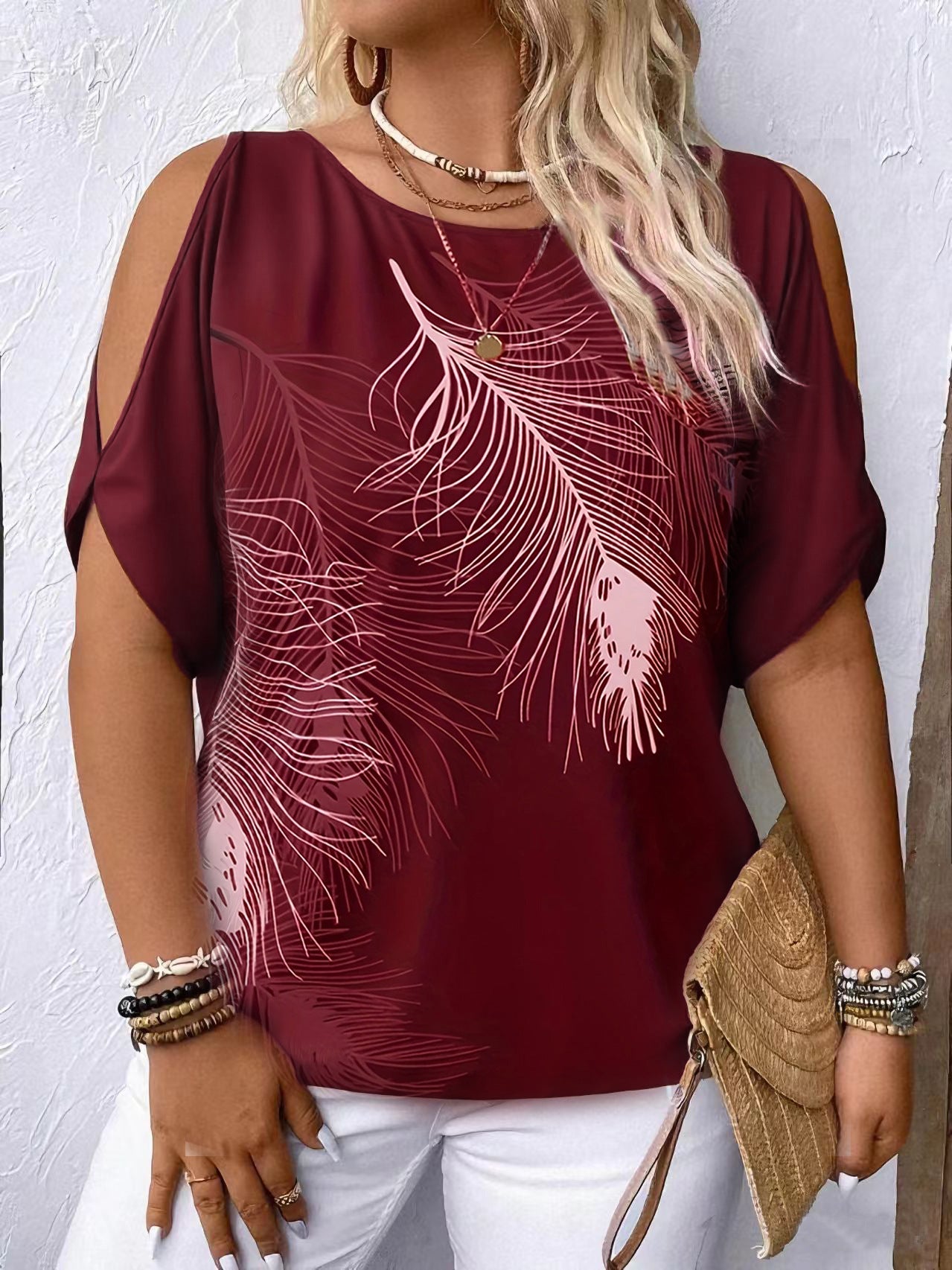 Women's Feather Print Off-Shoulder Top - Relaxed Fit Short Sleeve Pullover