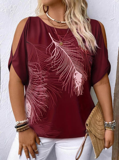 Women's Feather Print Off-Shoulder Top - Relaxed Fit Short Sleeve Pullover