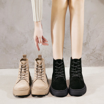Women's Cowhide Leather Martin Boots - British Style with Lace-Up Front and Square Heel