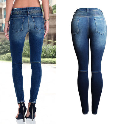 Women's Motorcycle Biker Skinny Jeans - Mid-High Waist Stretch Denim with Zipper Detail
