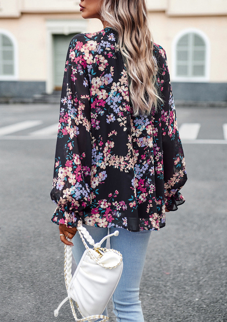 Women's Floral Print V-Neck Chiffon Blouse - Long Sleeve Casual Top