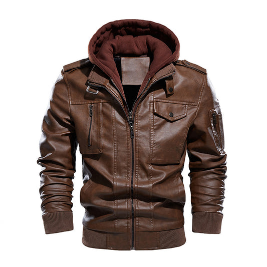 Men's Vintage Hooded Leather Jacket - Fleece Lined PU Outerwear