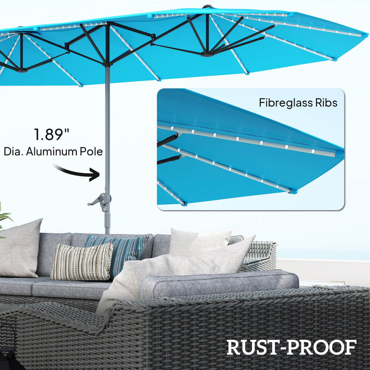 15ft Double-Sided Outdoor Patio Umbrella with Solar LED Rib Lights | UPF50+ | Crank Lift | Blue