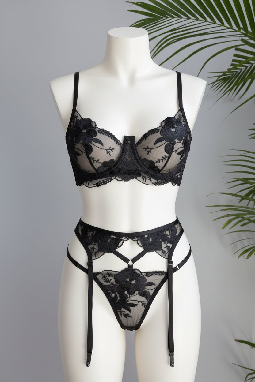Embroidered Lingerie Set - Three-Piece Underwire Bra Collection
