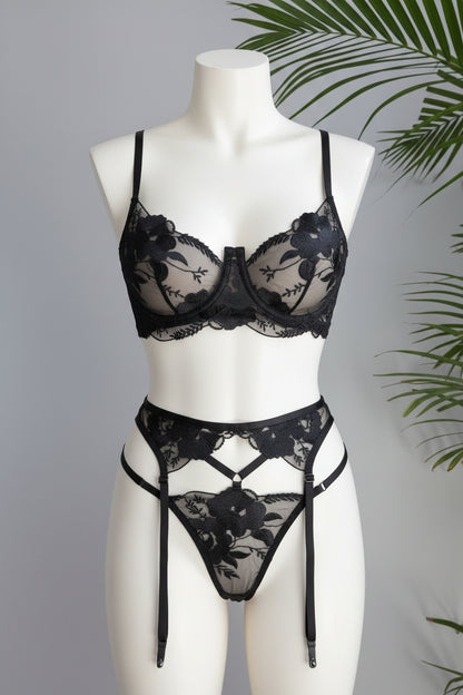Embroidered Lingerie Set - Three-Piece Underwire Bra Collection