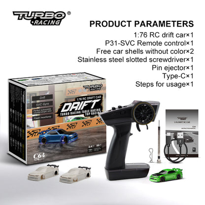Turbo Racing 1:76 C64 Drift RC Car with Gyro - Full Proportional Remote Control RTR Kit