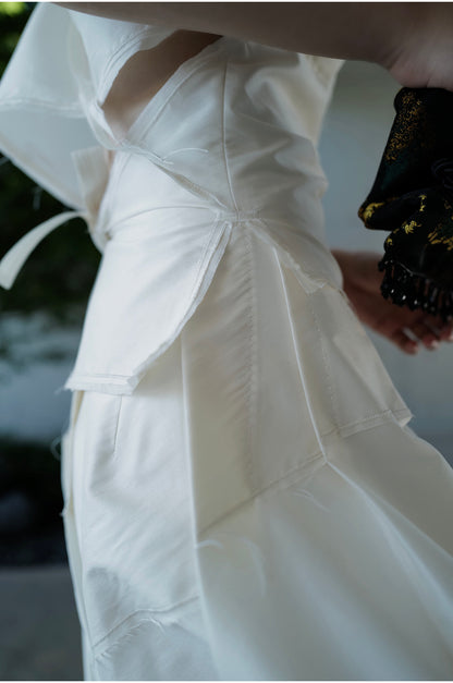 Haute Couture Silk Fringe Top & Skirt Set - Pearl White