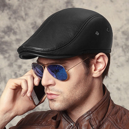 Men's Genuine Cowhide Leather Cap - Top-Grain Duckbill Beret Winter Hat