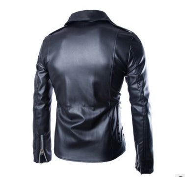 Lapel Slim-Fit Leather Coat - Men's Cowhide Jacket with Polyester Lining