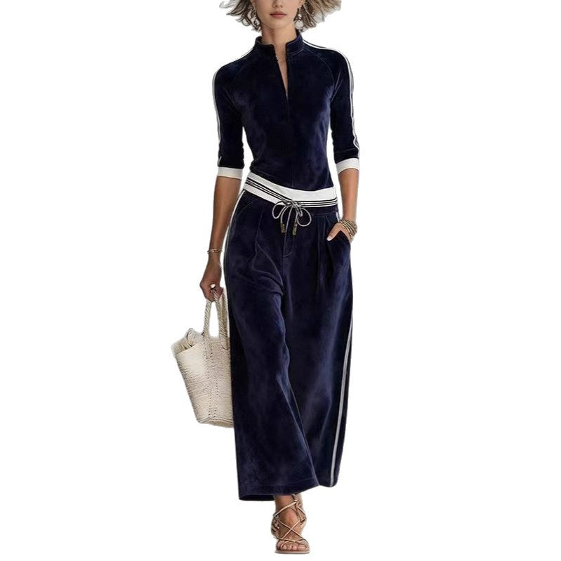 Women's Color Block Korean Velvet Tracksuit Set - Long Sleeve Cardigan and Pants