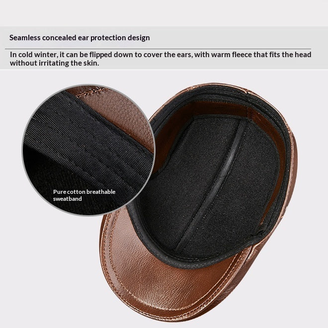 Men's Genuine Cowhide Leather Cap - Top-Grain Duckbill Beret Winter Hat