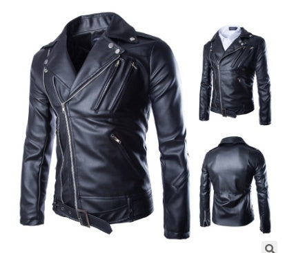 Lapel Slim-Fit Leather Coat - Men's Cowhide Jacket with Polyester Lining