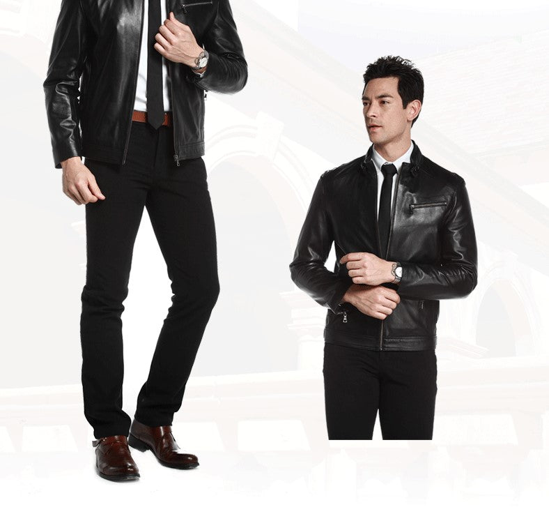 Men's Premium Sheepskin Leather Jacket - Stand Collar Zipper Design