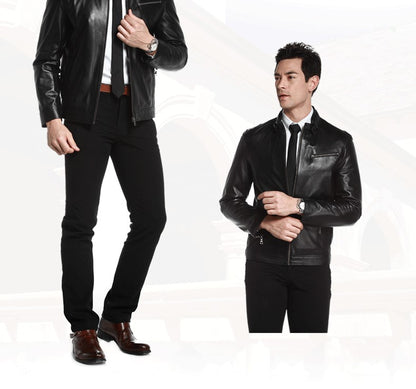 Men's Premium Sheepskin Leather Jacket - Stand Collar Zipper Design