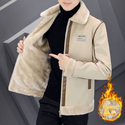 Men's Warm Suede Leather Coat - Velvet Lined Cotton Padded Jacket with Fur Collar