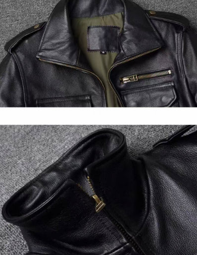 Men's Genuine Cowhide Leather Jacket - Mid-Length Reversible Workwear Jacket