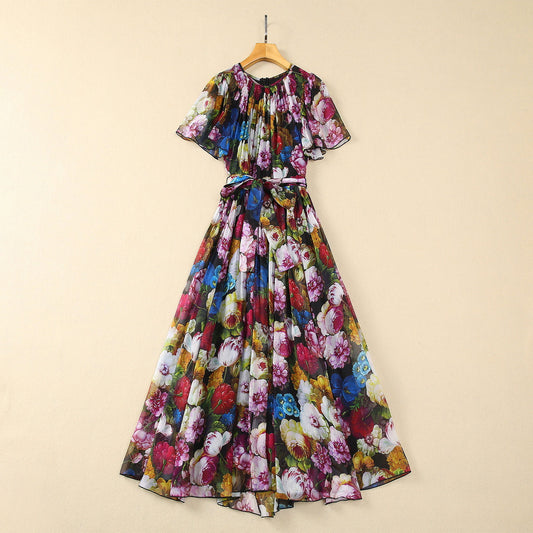 Premium Silk Chiffon Dress - Pleated Chrysanthemum Print with Belt