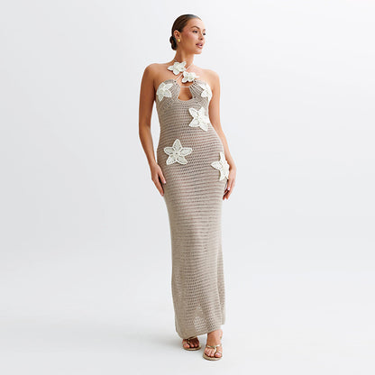Women's Halter Neck Maxi Dress - Cotton Blend Summer Beach Dress