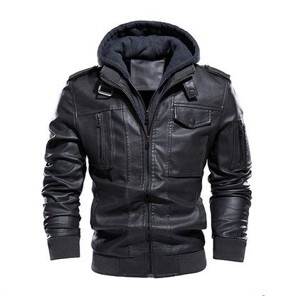Men's Vintage Hooded Leather Jacket - Fleece Lined PU Outerwear