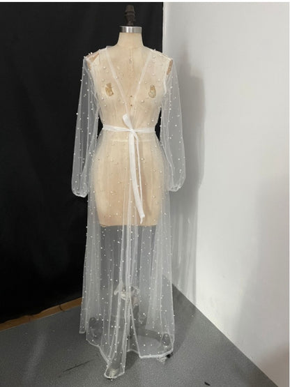 Women's Pearl Mesh Lace Dress - Sheer Long Sleeve Nightgown with Cape