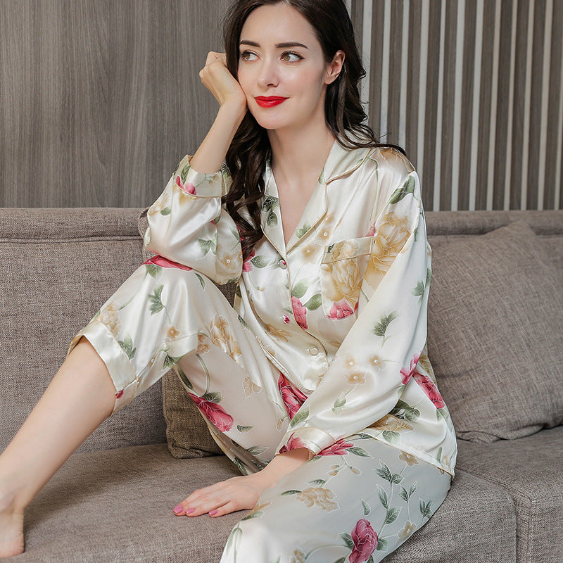 Women's Luxe Mulberry Silk Two-Piece Pajama Set - Long Sleeve Top with V-Neck and Full-Length Pants