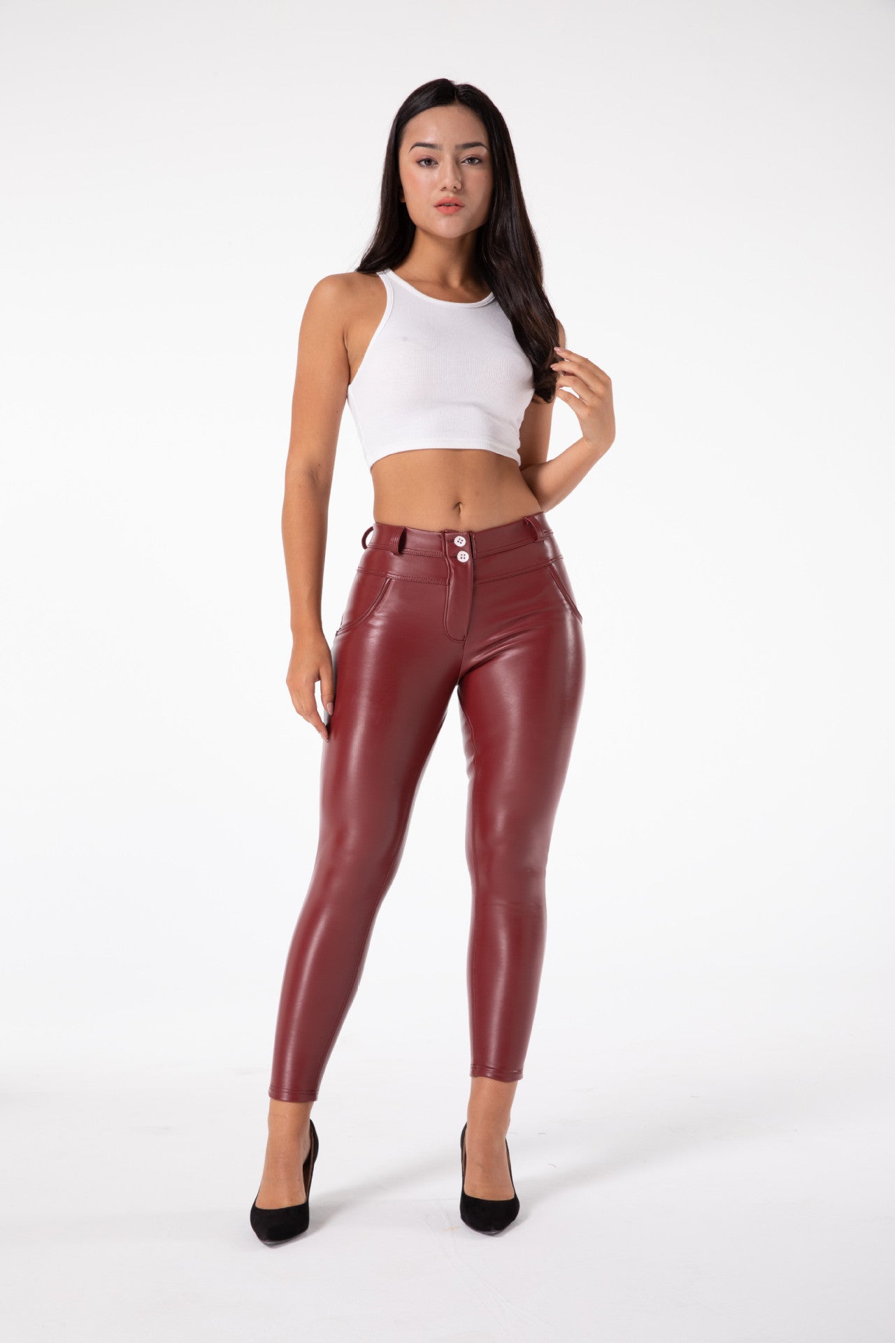 Women's High Waist Faux Leather Fitness Pants - Fleece Lined Leggings