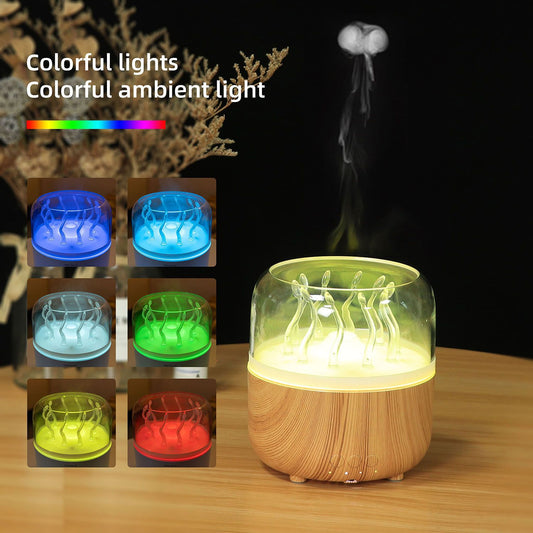 Wood Grain Jellyfish Ambience Light Humidifier - Rotating Dynamic Spray Aromatherapy Diffuser