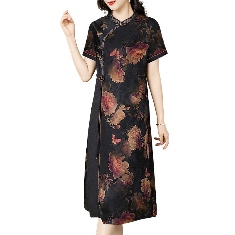 Women's Xiang Yun Satin Improved Cheongsam Dress - Art Retro Style with Floral Pattern