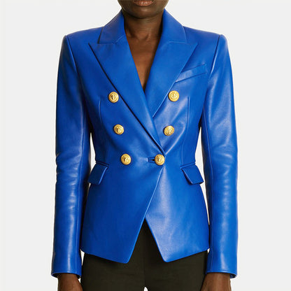 Women's Leather Jacket with Faux Fur - Slim Fit Long Sleeve Coat