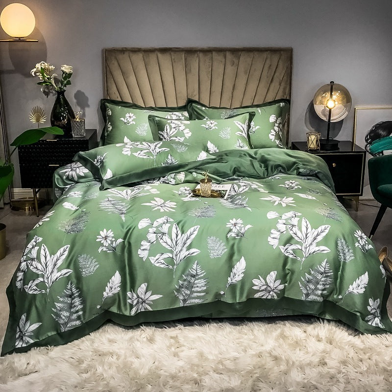 Double-Sided Ice Silk 4-Piece Bedding Set - Tencel Reactive Printed with Quilt Cover, Sheet, and 2 Pillowcases