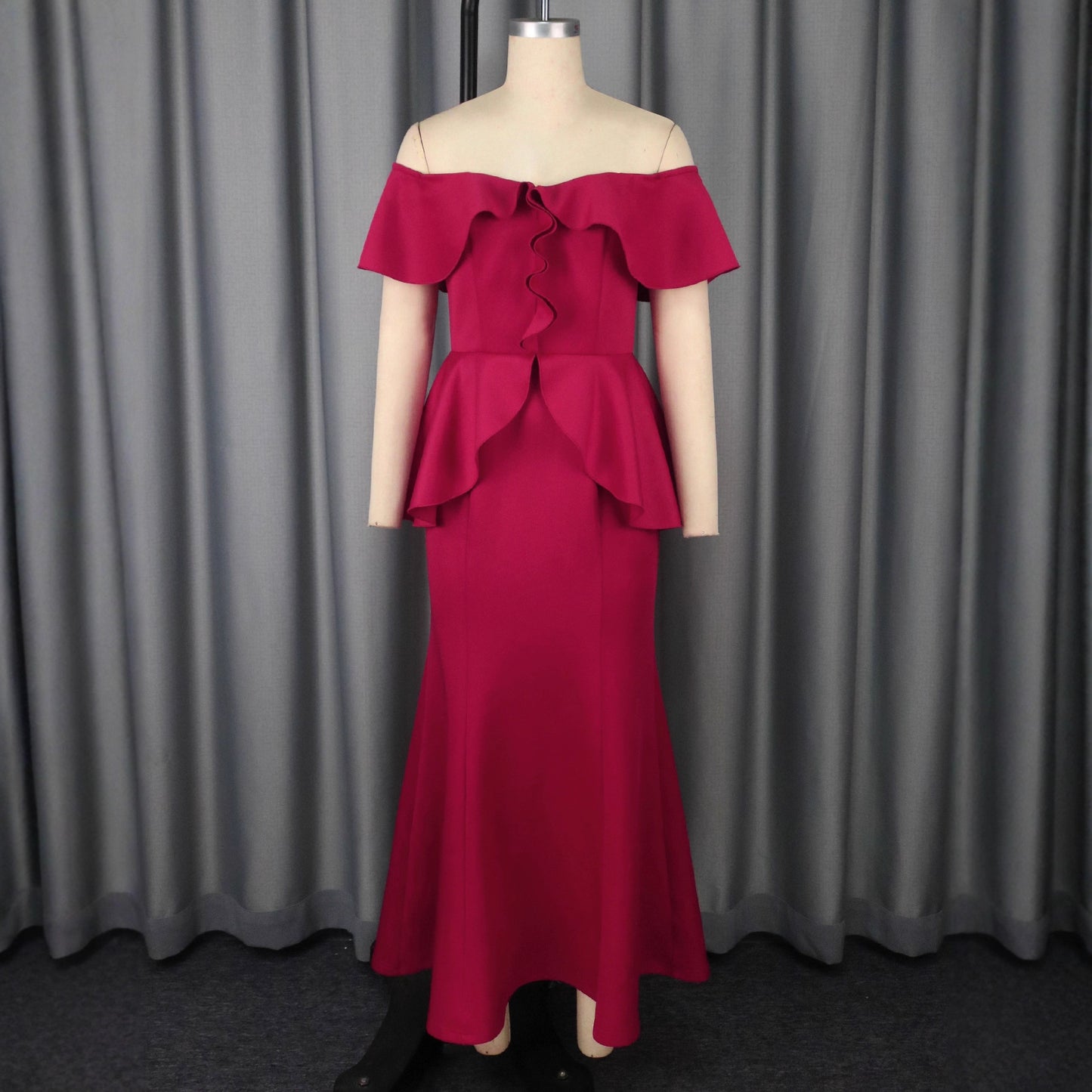 Women's Red Ruffle Off-Shoulder Fishtail Maxi Dress