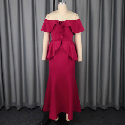 Women's Red Ruffle Off-Shoulder Fishtail Maxi Dress