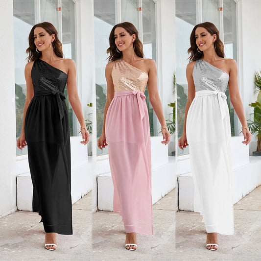 Sequin One-Shoulder Chiffon Maxi Dress - High Waist Split Hem Evening Gown