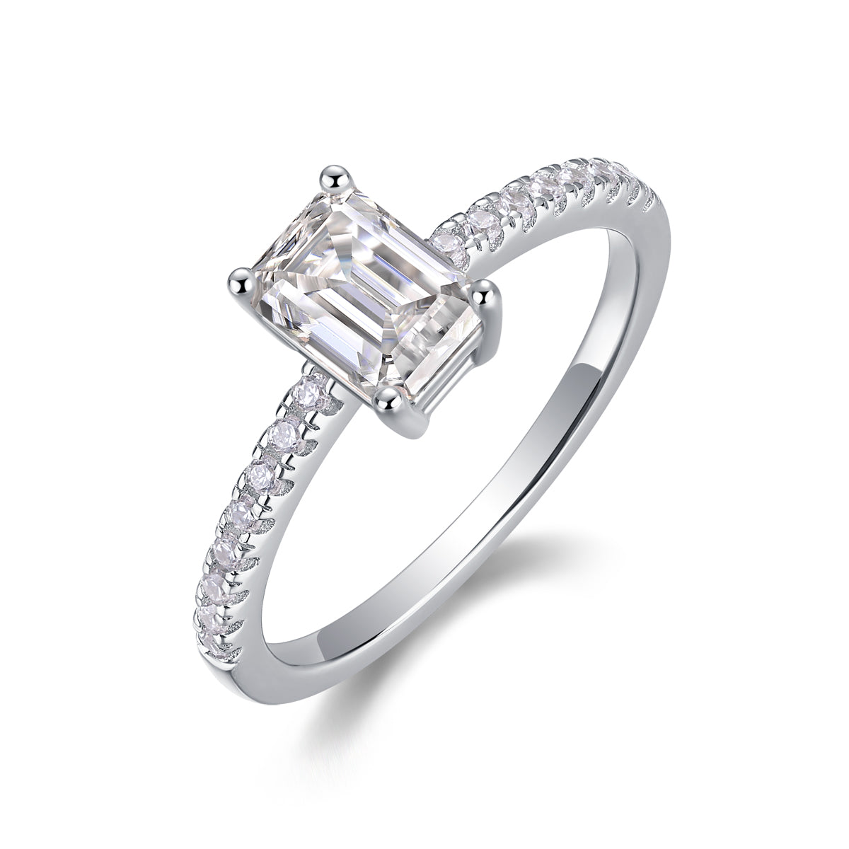 Octagonal Moissanite Sterling Silver Ring - Platinum Plated Wedding Band