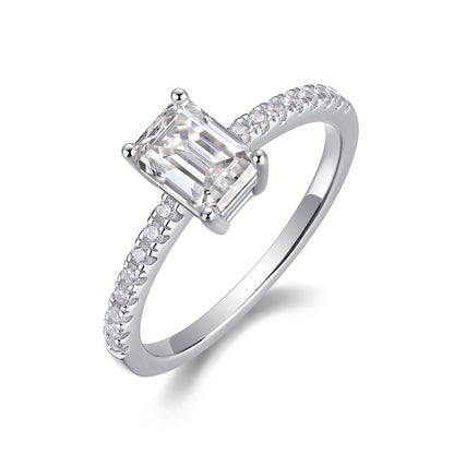 Octagonal Moissanite Sterling Silver Ring - Platinum Plated Wedding Band
