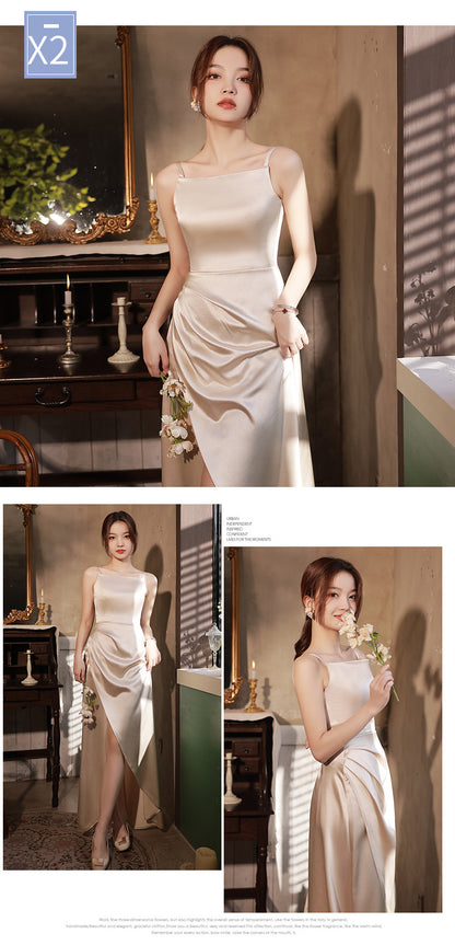 Champagne Satin Sleeveless High Waist Formal Dress | Elegant Wedding & Party Gown