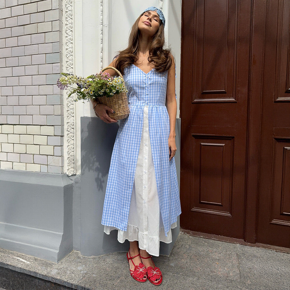 Plaid Two-Piece Style Slip Dress - High Waist A-Line Sleeveless Dress