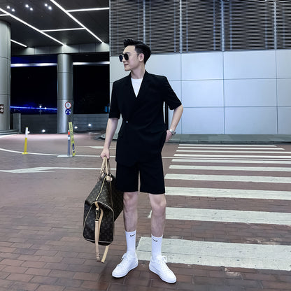 Men's Solid Color Short Sleeve Shirt & Shorts Set - Premium Two-Piece Summer Suit