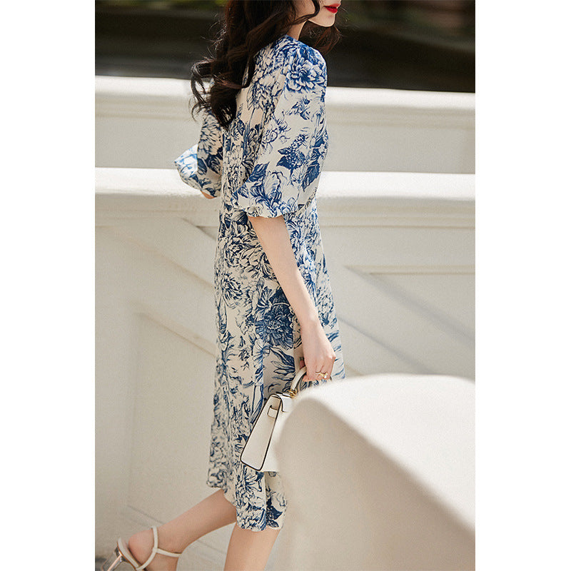 Chinese Style Heavyweight Silk Dress - Blue and White Porcelain Pattern