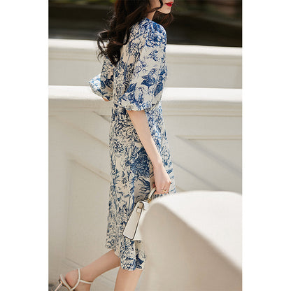 Chinese Style Heavyweight Silk Dress - Blue and White Porcelain Pattern