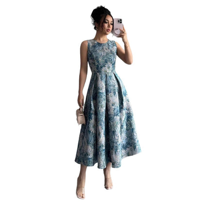 Oil Painting Floral Jacquard Dress - Sleeveless A-Line Waist-Cinching Dress